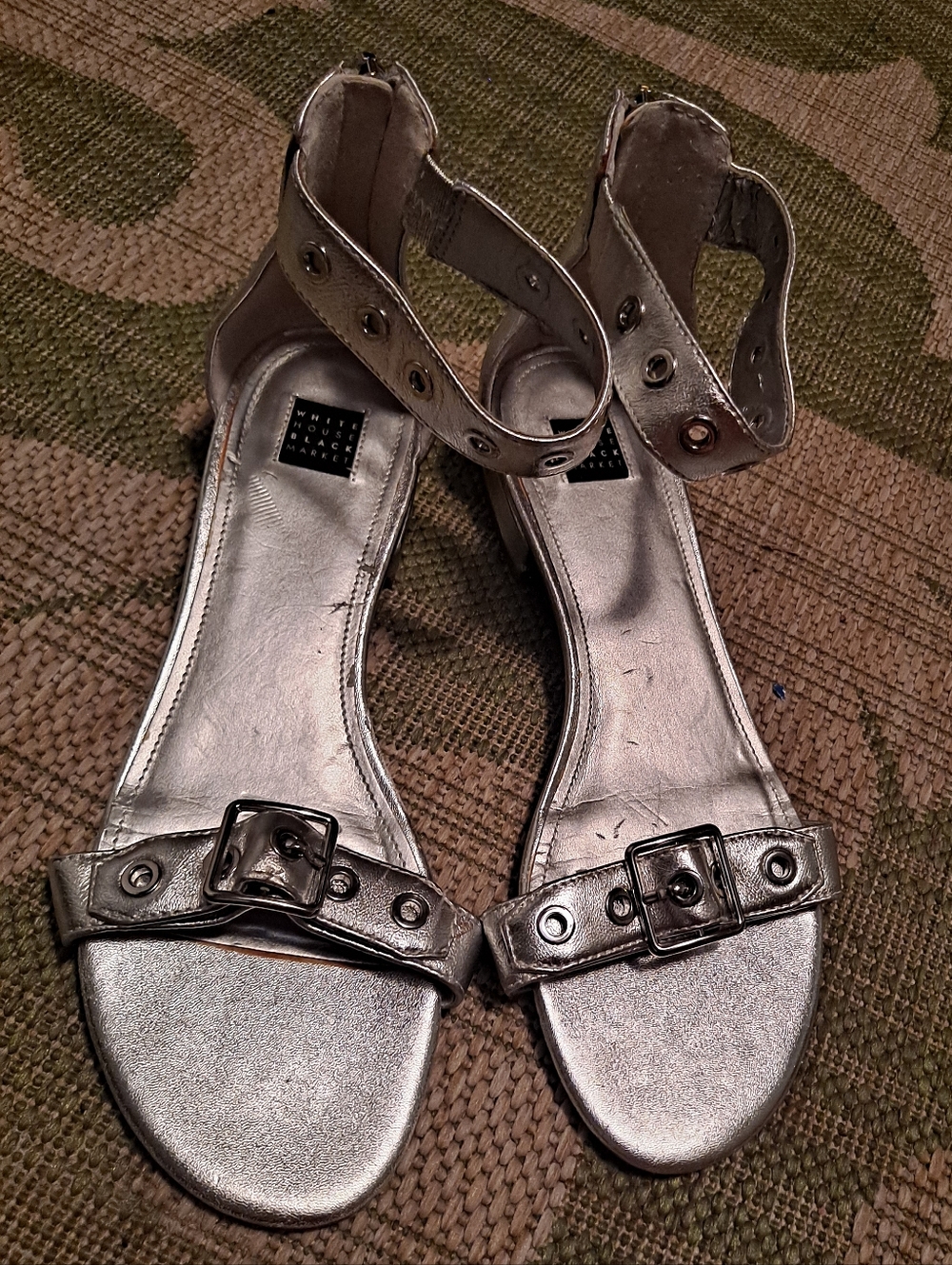 WHBM Metallic Silver Ankle-Strap Sandals with Buckle Accent